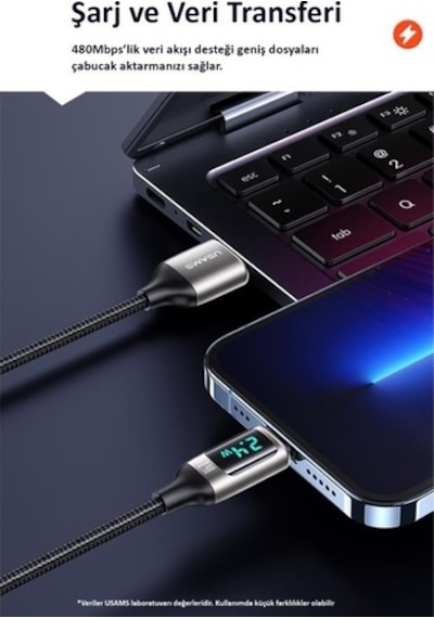 Usams US-Sj544 Dijital Göstergeli Çipli Örgülü PD 66 W USB To Type-C Şarj ve Data Kablosu 1.2 M