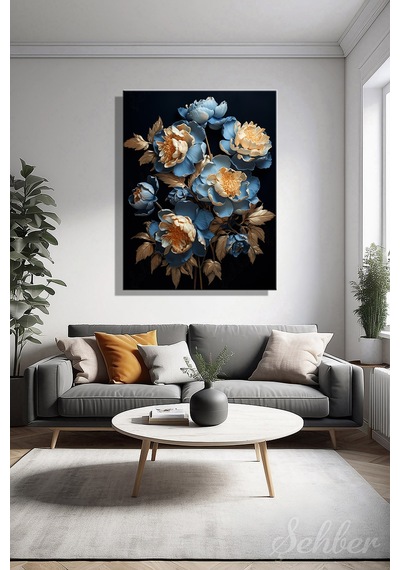 Dikeytekli Kanvas Modern Tablo Ev Ofis 3d Gold Efekt Mavi Ve Krem Şakayıklar Çiçek 2123
