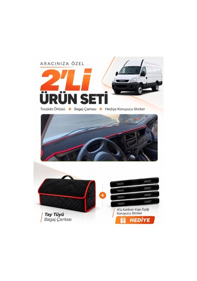 E-biz Iveco Daıly 2011-2014 Uyumlu Torpido Örtüsü + Tay Tüyü Bagaj Çantası - Siyah-kırmızı - Iv001