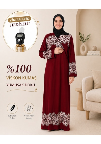 Bilenler Halka Desenli Bordo Namaz Elbisesi Viskon Kumaş Zikirmatik Hediyeli Yandan Bağlamalı