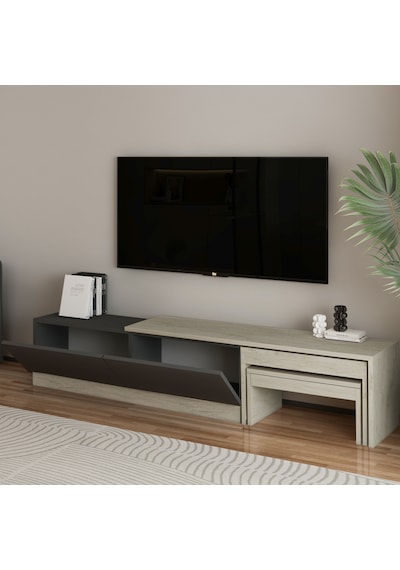 Nest Tv Sehpası Modern Tasarım,2 Kapaklı Depolama Ve İkili Zigon Sehpa İle Fonksiyonel Mobilya Traverten Nest Tv Sehpası Modern Tasarım,2 Kapaklı Depolama Ve İkili Zigon Sehpa İle Fonksiyonel Mobilya Traverten