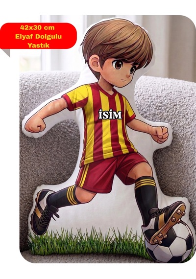Taraftar Yastık Sarı Kırmızı Formalı Futbolcu Figür İsimli Yastık Çift Yön Baskılı Yastık 42x30cm Kırmızı - Sarı