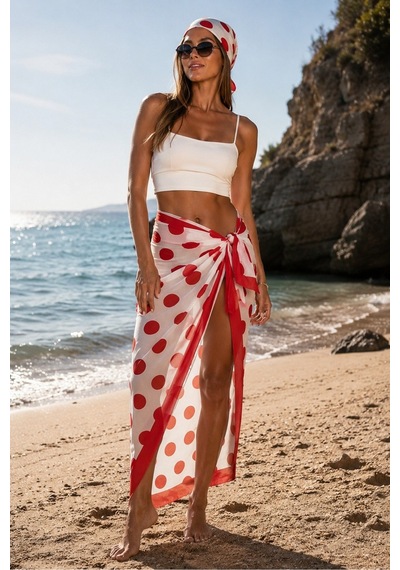 Tarzını Seç Premium Kırmızı Puantiyeli 2 Li Yırtmaçlı Bağlamalı Pareo Ve Bandana Seti 155x111 Cm / 70x70 Cm Kırmızı Puantiye