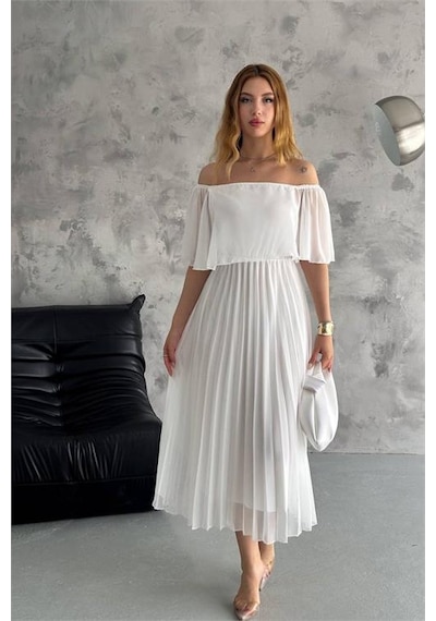 Neşeli Butik Kadın Madonna Yaka Piliseli Şifon Elbise Nbk2099 Beyaz