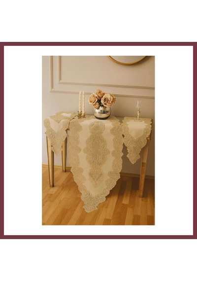 Storeşahin 5 Parça Simli Gold Angelika Salon Takımı Keten Dantelli Runner Seti Modern Tasarım Shn0720