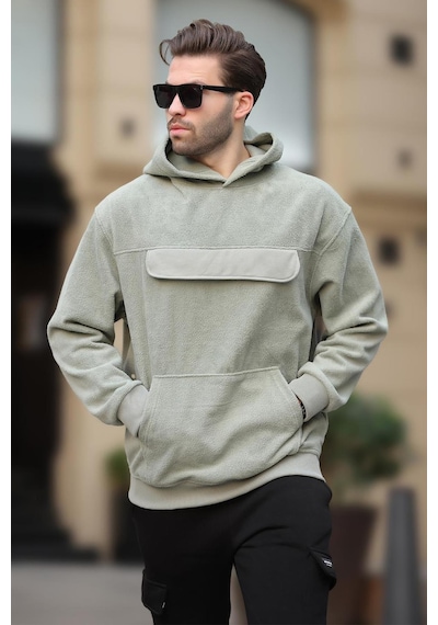 Madmext Çağla Yeşili Kapüşonlu Kapaklı Cep Detaylı Polar Erkek Sweatshirt 7097 Yeşil