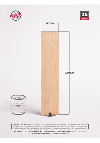 Ahşap Mum Fitili 22 Mm Genişlik Kalın Mumlar İçin, Nikel Kaplama Çelik Taban, 3m Köpük Bantlı, 25 Li Set Cereus Ahşap