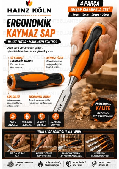 4 Parça Ahşap Iskarpela Seti 14-18-20-25 Mm Krom Vanadyum Çelik Ergonomik Kaymaz Sap Profesyonel Mar
