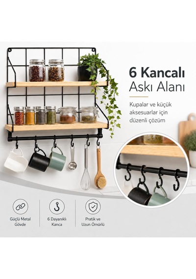 Sogud Mutfak Rafı - 2 Katlı Baharatlık Ve 6'li Kupa Askısı - Duvar Tipi Metal Ahşap Mutfak Düzenleyici - 40x30x10 Cm - Çay Kahve Organizeri - Çivi Ve