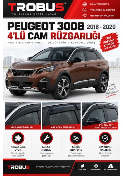 Peugeot 3008 2019 Active / Allure / Gt Line Cam Rüzgarlığı 4'lü