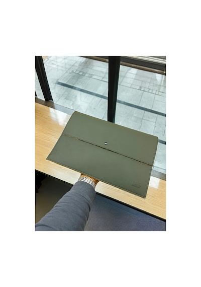 Ledcase 13.3-14 Inch Bilgisayar Evrak Çantası Haki Yeşil Deri+ Camel Velboa 36x24cm Yeşi Turuncu Yeşi Turuncu