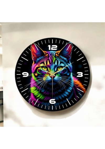 Kedi Fotoğraflı Neon Renkli Baskı Desenli Sayılı Hediyelik Ahşap Sessiz Duvar Saati 50cm ÇOk Renkli