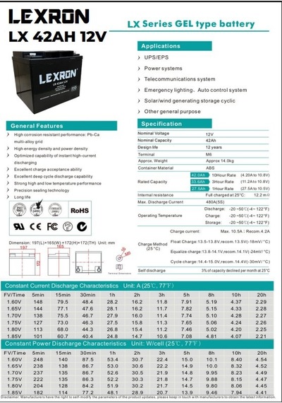 Lexron - İnges 12 Volt 42 Amper Nano Karbon Jel Akü - 12 V 42 Ah Derin Döngü Gel Akü