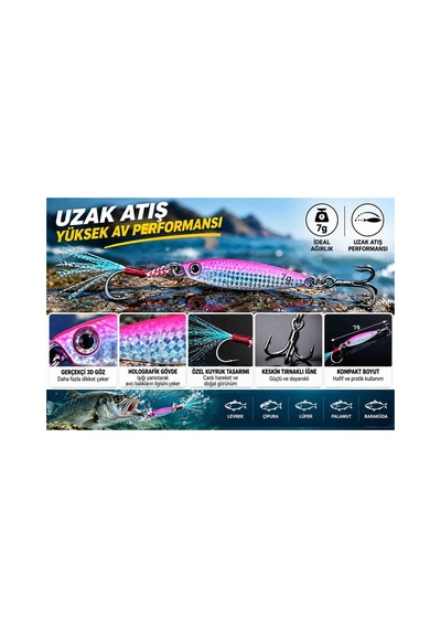 7 Gr Pembe Gümüş Hologramlı Metal Jig Olta Kaşığı 3d Gözlü Çift Iğneli Parlak Püsküllü Balık