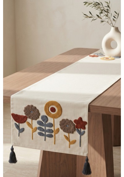 Botanik Rüya Renkli Punch Nakışlı Püsküllü Pamuk Runner 40x130 Cm Gri