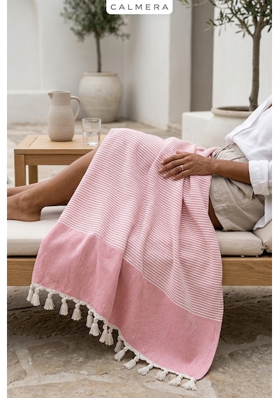 Calmera Çizgili Peştemal Pamuk - Doğal Saçaklı Plaj, Deniz, Havuz, Spa, Sauna, Spor, Seyahat Havlu - Pembe