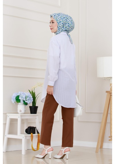 Sevitli Göğüsü Taş Detaylı Oversize Tunik-beyaz-5229 Beyaz