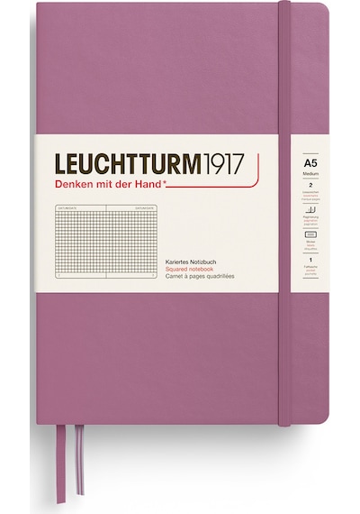 Leuchtturm1917 Not Defteri Orta Boy A5 , Sert Kapak, 251 Numaralandırılmış Sayfa, Kareli, Tozlu Gül Mor