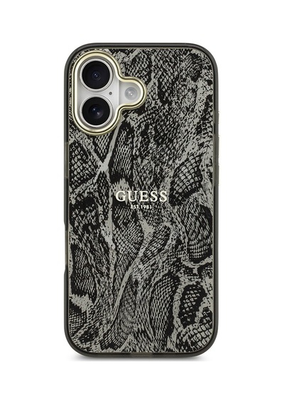 Apple Uyumlu iPhone 17  Kılıf Guess Lisanslı M-safe Şarj Özellikli Yazı Logolu Python Desenli Kapak Siyah Siyah