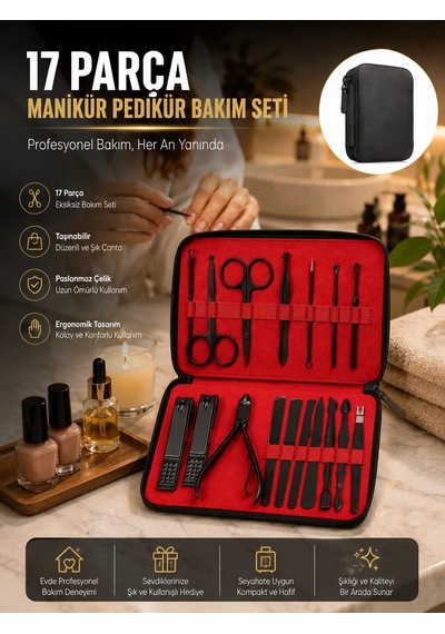 Paslanmaz Çelik 17 Parça Manikür Pedikür Seti Ve Taşınabilir Şık Çanta 25734574