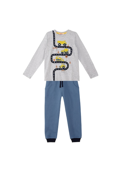 Erkek Çocuk Kışlık İnşaat Araçları Desenli Mavi Uzun Kollu 2 Parça T-Shirt Pantolon Takımı 2-8 Yaş
