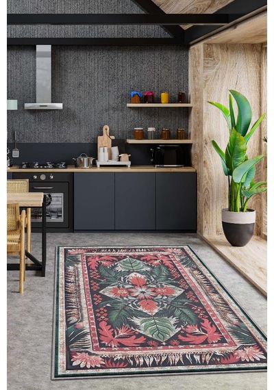 Homshtag Art Deco Soyut Bitki Temalı Halı Dijital Baskı Yeşil Kahve Renkli Rustik Çiçekli Halı Çok Renkli