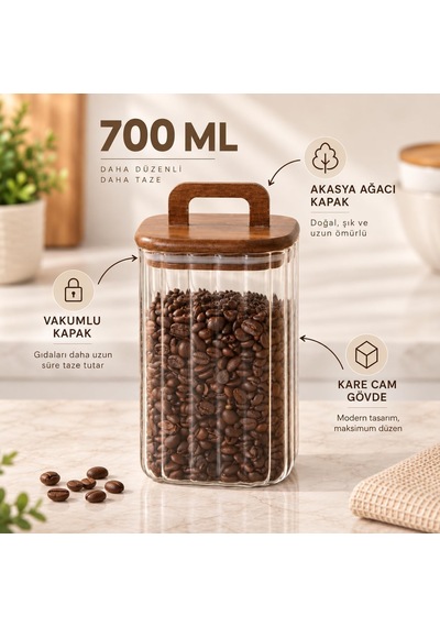 Akasya Kapaklı Kulplu Kare Cam Kavanoz 700 Ml, Çizgili Borosilikat Hava Geçirmez Mutfak Ve Kiler Saklama Kabı Diğer