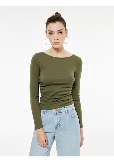 Koton Pamuklu Slim Fit Büzgülü Kayık Yaka Uzun Kollu Tişört Haki 7wal10134ık