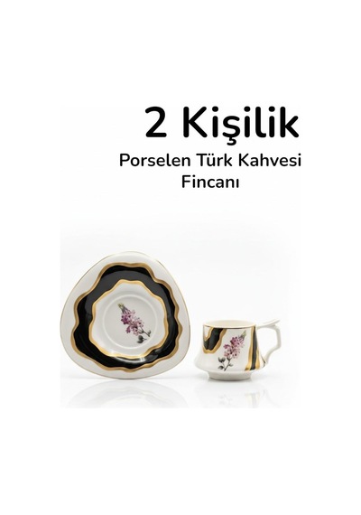 2 Kişilik Altın Yaldızlı Siyah Ebruli Desenli Çiçekli Porselen Kahve Fincan Takımı