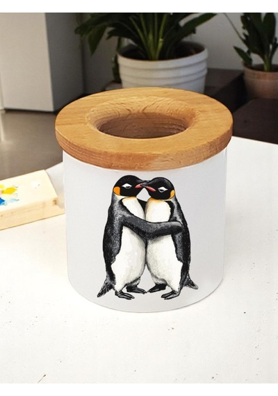 Penguen Baskılı Ahşap Kapaklı 3'lü Masaüstü Seramik Kalemlik Kalem Kutusu Beyaz