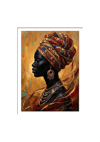 Renkli Başlıklı Afrikalı Kadın Portresi Dekoratif Kanvas - Mdf Ahşap Tablo