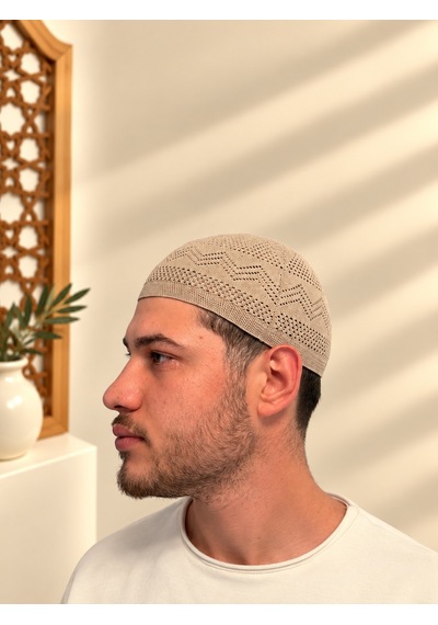 Erkek Namaz Takkesi Zikzak Desenli Standart Beden Mv001 Hac Umre Ve Günlük Kullanım Takkesi Bej