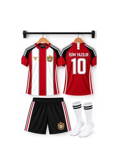Sonvadi İsim Yazılır Çocuk Futbol Forması Takımı Kırmızı Beyaz 3 Parça Çorap Kırmızı