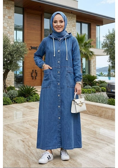 Hb Harma Time Butik Kadın Kapüşonlu Düğmeli Cepli Kot Mavi Kap Mavi Mavi