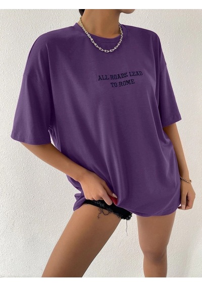 To Rome T-shirt - Mor Baskılı Oversize Bisiklet Yaka Kısa Kol Tişört Mor