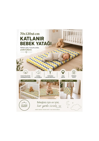 Katlanır Çocuk Yatağı Sünger Yer Yatağı Oyun Minderi Taşınabilir 70x120x6 Cm-sarı Gri Zikzak 70 x 120 CM