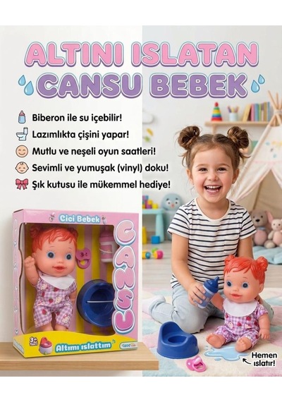 Cansu Bebek: Altını Islatan Renkli Saçlı 4 Parçalı Biberonlu Emzikli Lazımlıklı Oyuncak Bebek Seti Turuncu