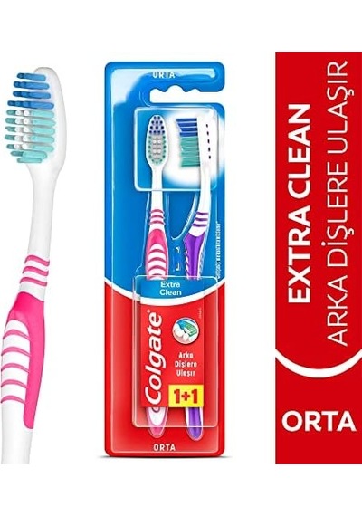 Extra Clean Dil Temizleyicili Arka Dişlere Uzanan Orta Diş Fırçası 1+1 Açık Ahşap