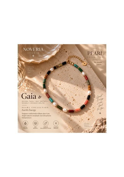 Pearl Collection Gaia Doğal Taşlı İnci Detaylı Renkli Choker Kolye Turkuaz Turkuaz