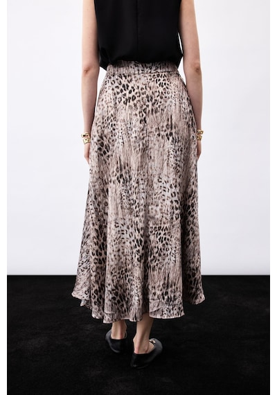 Sateen Leopar Desenli Uzun Etek - Kahve-136780 Kahve