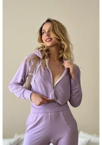 Penyebizden Kadın Viskon Kapşonlu Oversize Crop Sweatshirt-lila