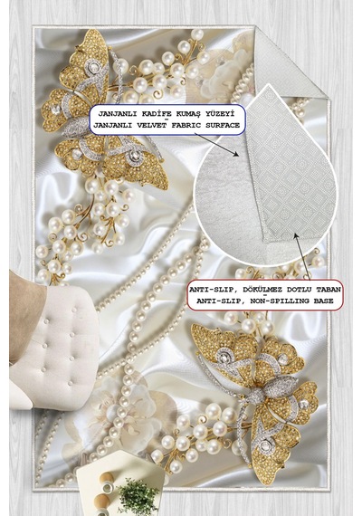 İnci Ve Kelebek Desenli Baskılı Kaymaz Yıkanabilir Salon Oturma Odası Mutfak Halısı Yolluk Gold