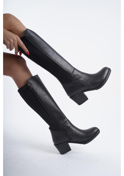 Asmi Shoes Kadın Leydi Dalgıç Kumaş Dizaltı Çizme Siyah Siyah