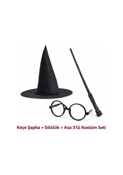 Ers Harry Potter Tarzı Çocuk Seti Siyah Keçe Şapka, Asa, Gözlük Çok Renkli