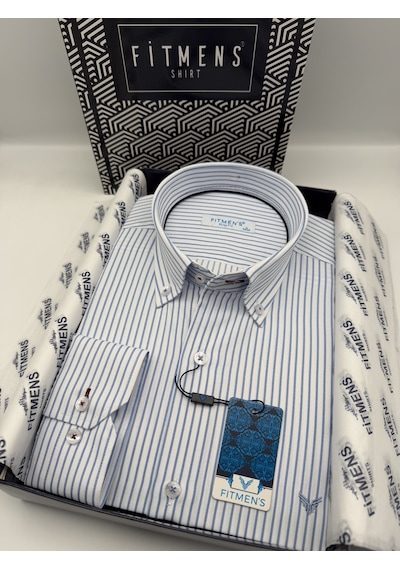 Slim Fit Uzun Kol Premium Çizgili Yaka Düğmeli Hediye Kutulu Erkek Gömlek Fs-004440 - Açık Mavi-3183 Açik Mavi