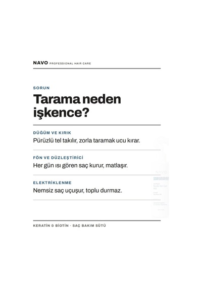 Navo Keratin & Biotin Kolay Tarama  Isı Koruyucu Onarıcı ve Elektriklenme Karşıtı Saç Bakım Sütü 250 ML