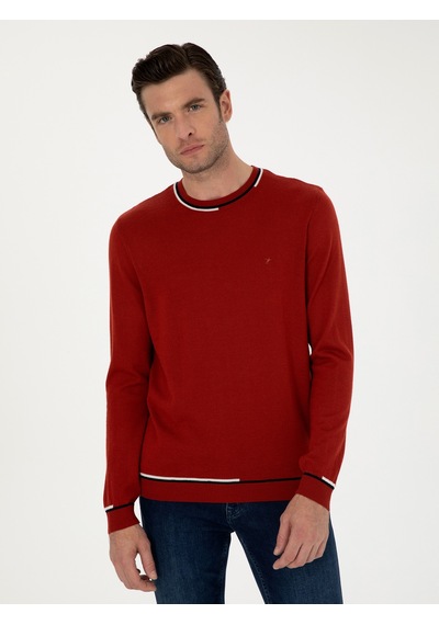 Cacharel Kiremit Slim Fit Yün Karışımlı Bisiklet Yaka Triko Kazak Kırmızı