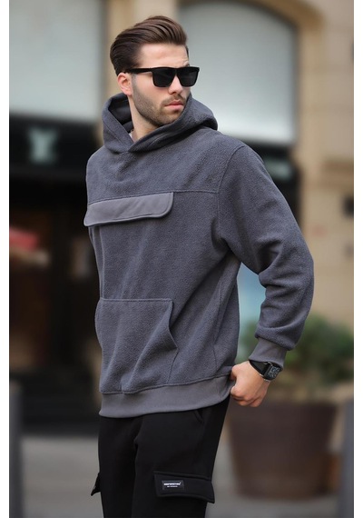 Madmext Füme Kapüşonlu Kapaklı Cep Detaylı Polar Erkek Sweatshirt 7097 Füme