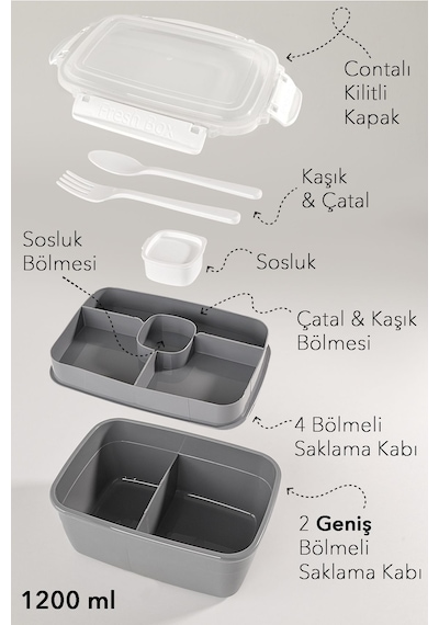 2 Katlı Kilitli Kapak Yemek Kabı - Bölmeli Lunch Box Diyet Beslenme Kutusu Sosluk Çatal Kaşık Gri