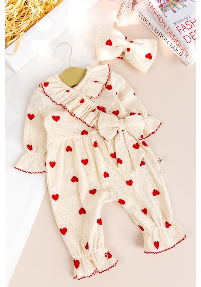 Babymod Kalp Desenli Fiyoklu 100% Pamuk Bandanalı Kız Bebek Tulum Siyah